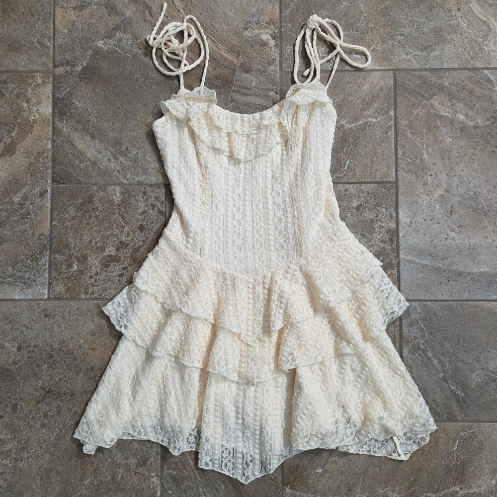 Cotton Candy LA Cream Corset Lace Ruffle Mini Dress Tiered Tie M Fairycore